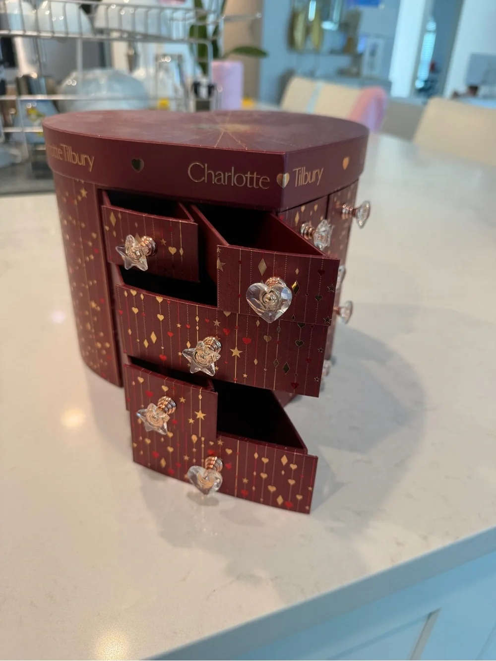 Charlotte Tilbury Festive Burgundy and Gold Makeup Jewelry Chest with products!!